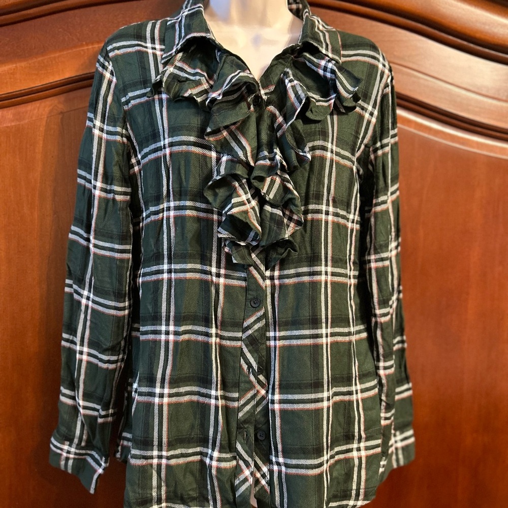 Women Long Sleeve Shirt Ruffled Checkered Size M Color Green
